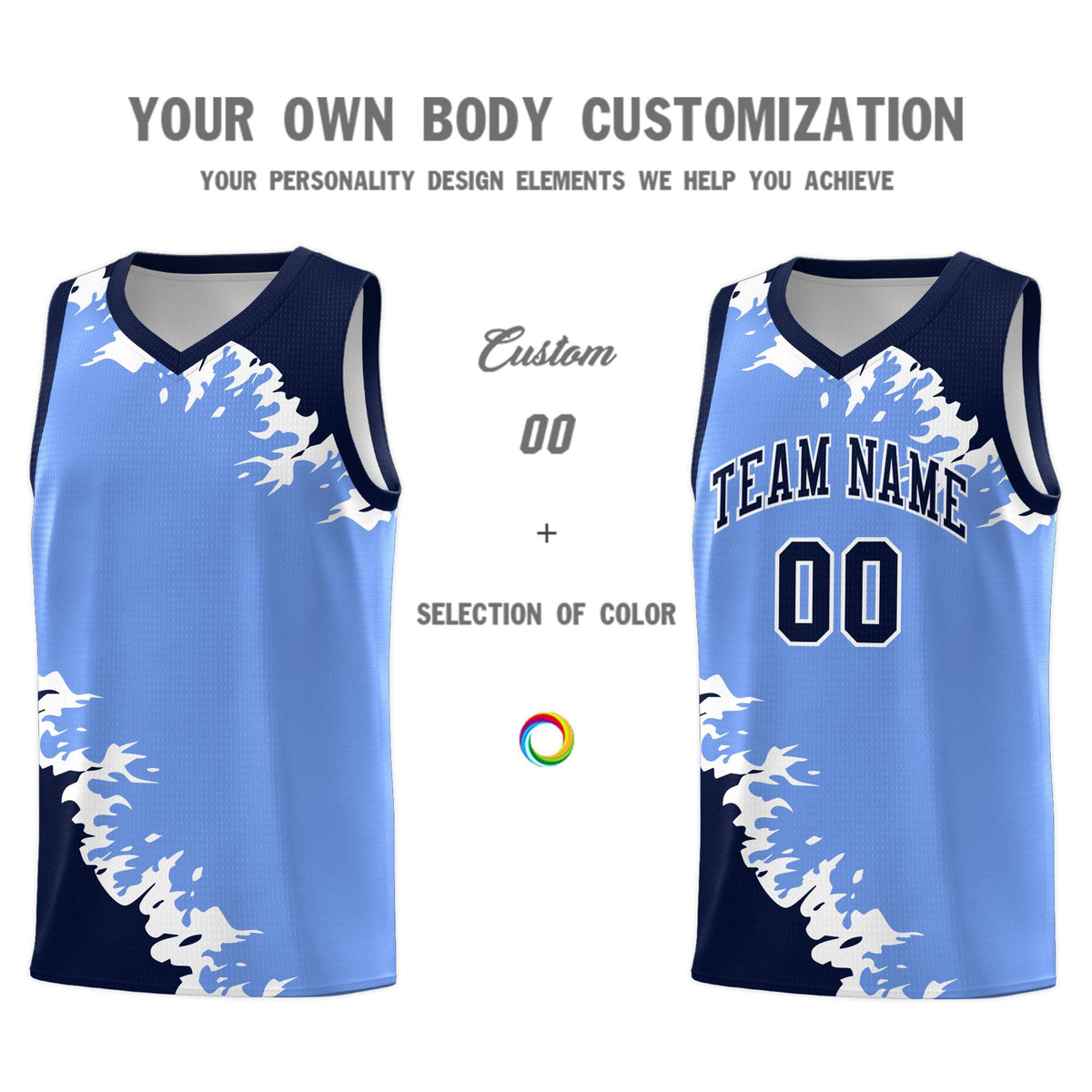 Custom Light Blue Navy-White Sparkle Print Pattern Basketball Kits