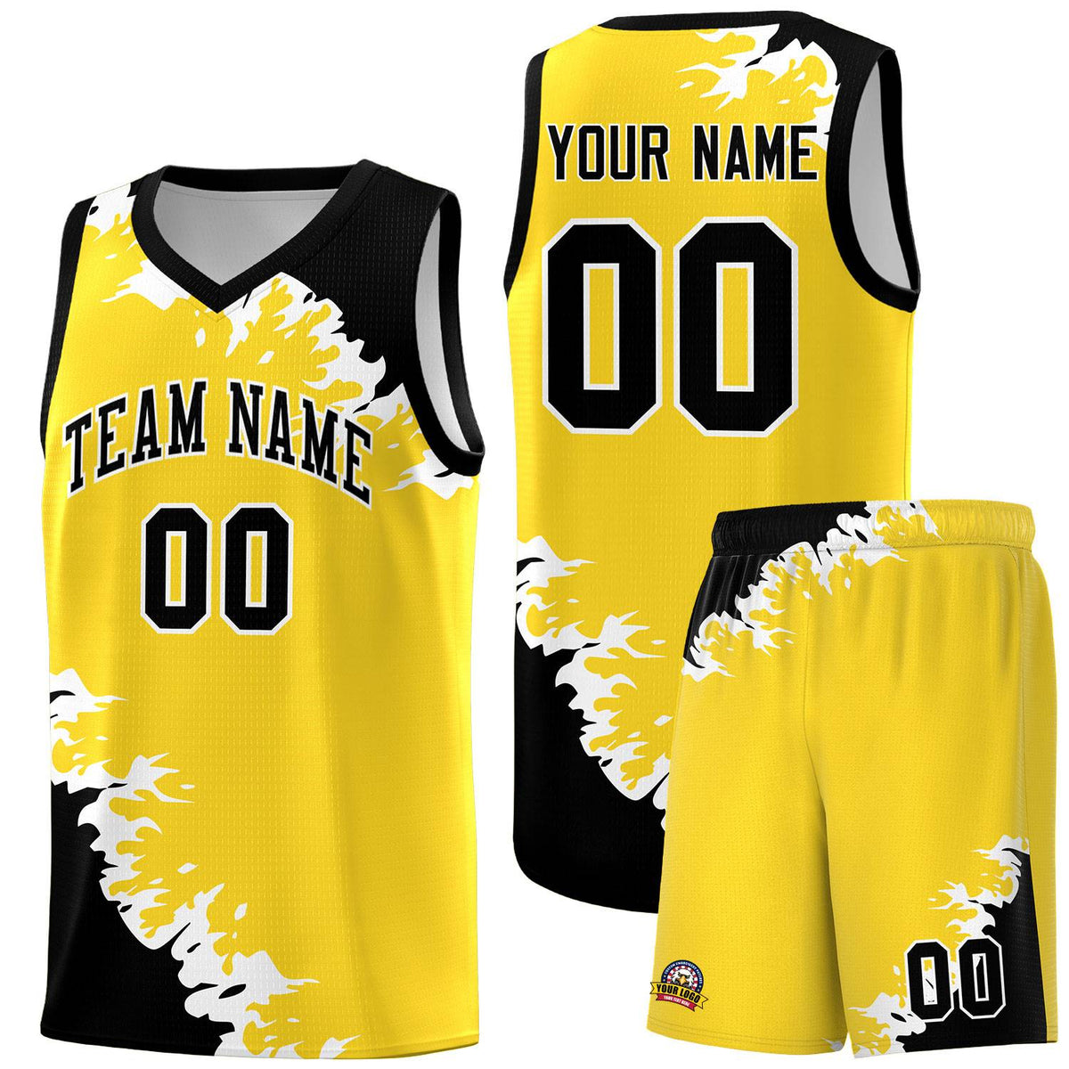 Custom Gold Black-White Sparkle Print Pattern Basketball Kits