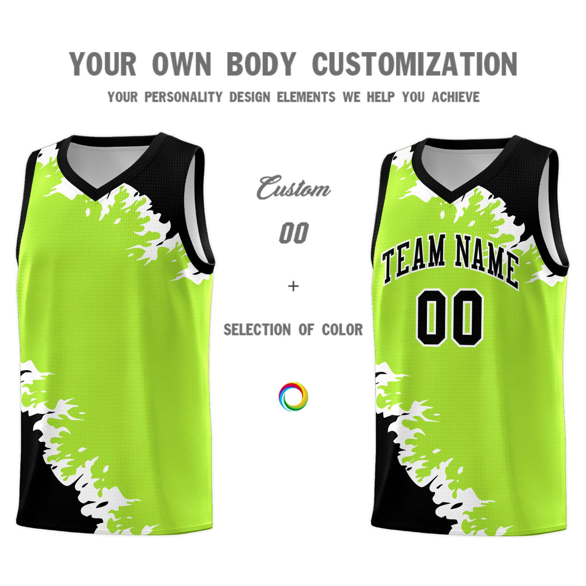 Custom Neon Green Black-White Sparkle Print Pattern Basketball Kits