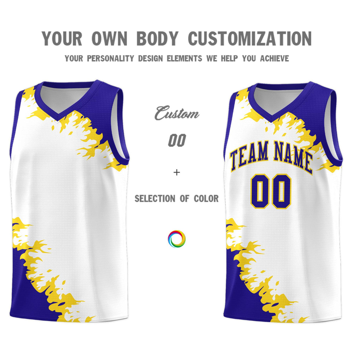 Custom White Royal-Gold Sparkle Print Pattern Basketball Kits