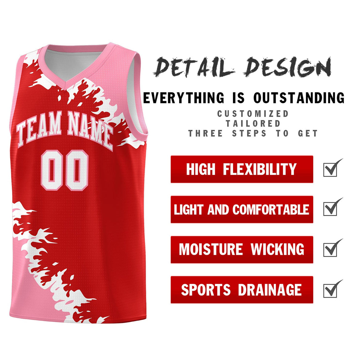 Custom Red Light Pink-White Sparkle Print Pattern Basketball Kits