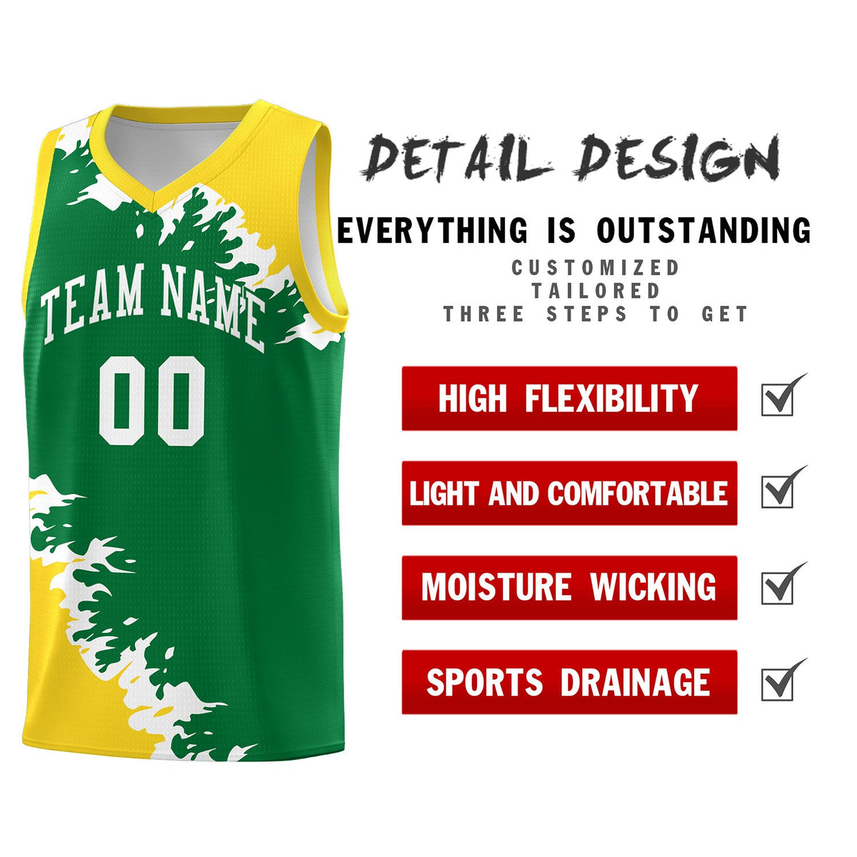 Custom Kelly Green Gold-White Sparkle Print Pattern Basketball Kits