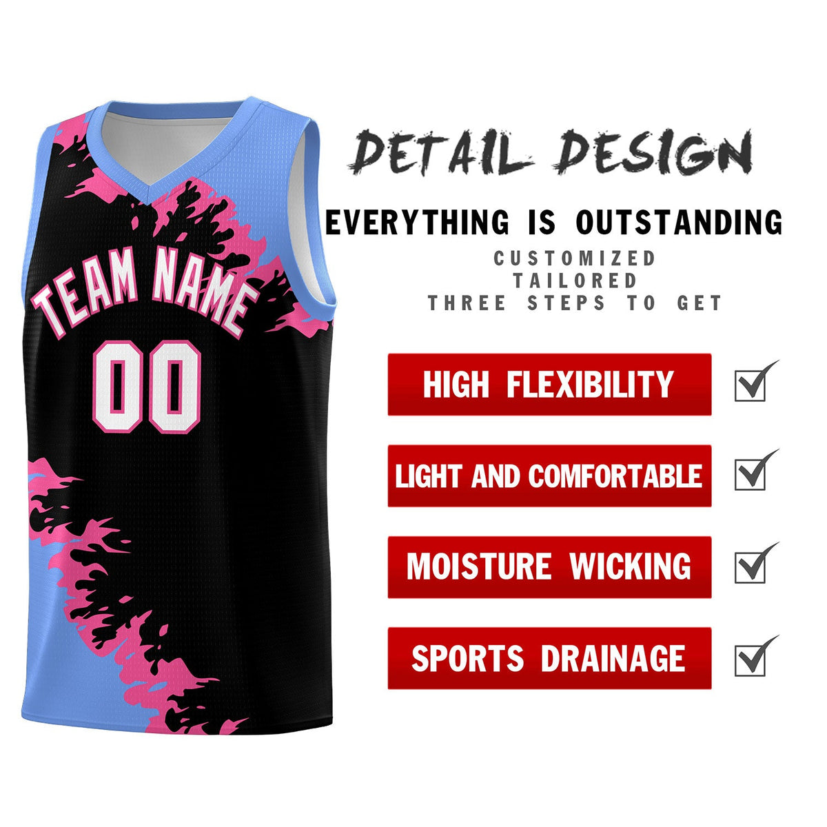 Custom Black Light Blue-Pink Sparkle Print Pattern Basketball Kits