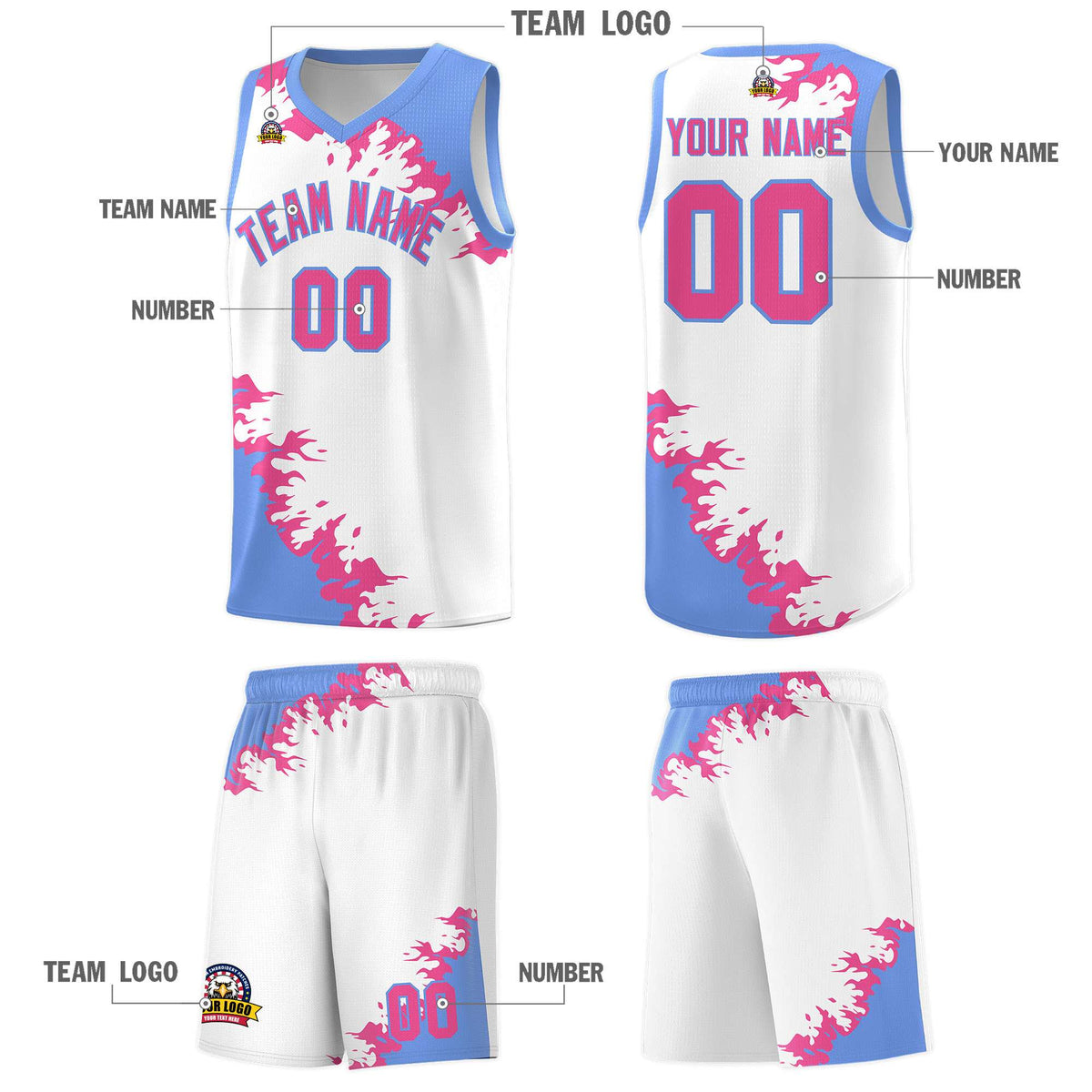 Custom White Light Blue-Pink Sparkle Print Pattern Basketball Kits