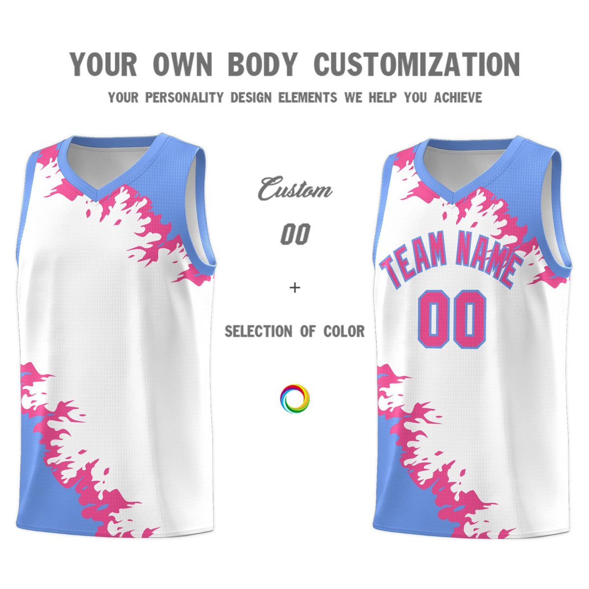 Custom White Light Blue-Pink Sparkle Print Pattern Basketball Kits