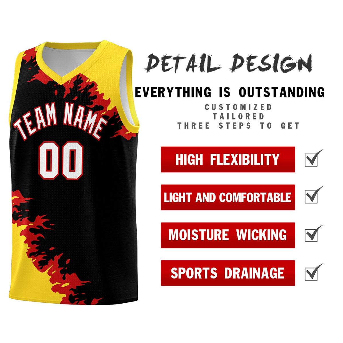 Custom Black Gold-Red Sparkle Print Pattern Basketball Kits