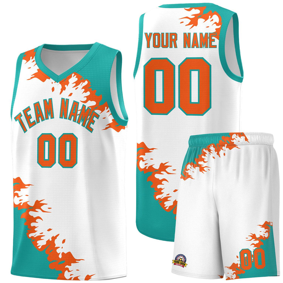 Custom White Aqua-Orange Sparkle Print Pattern Basketball Kits