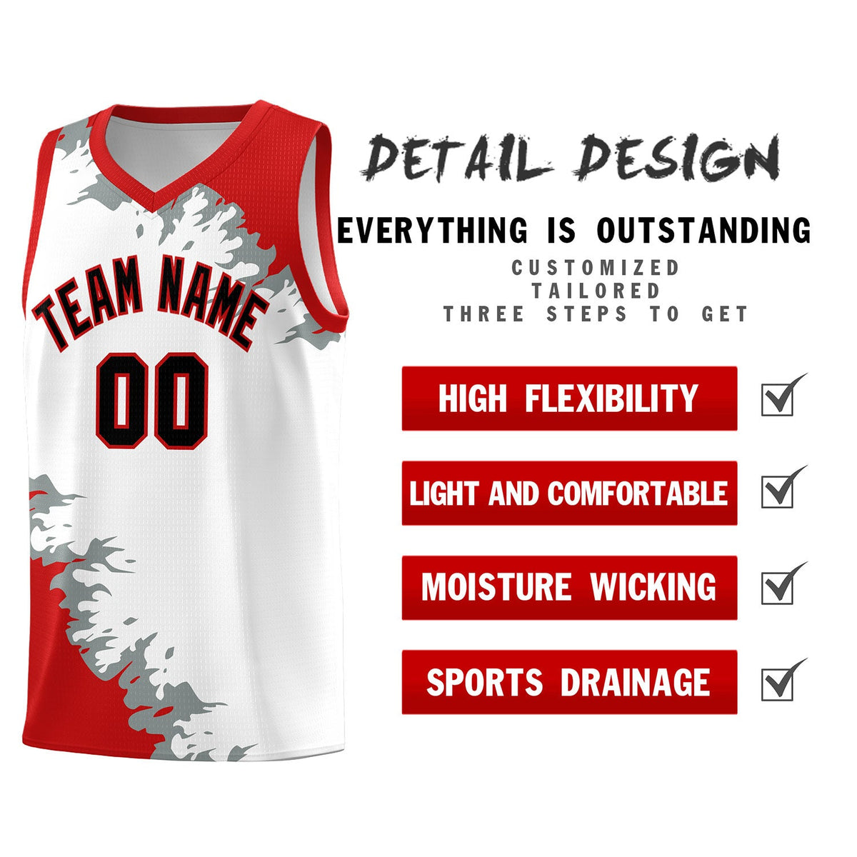 Custom White Red-Silver Gray Sparkle Print Pattern Basketball Kits