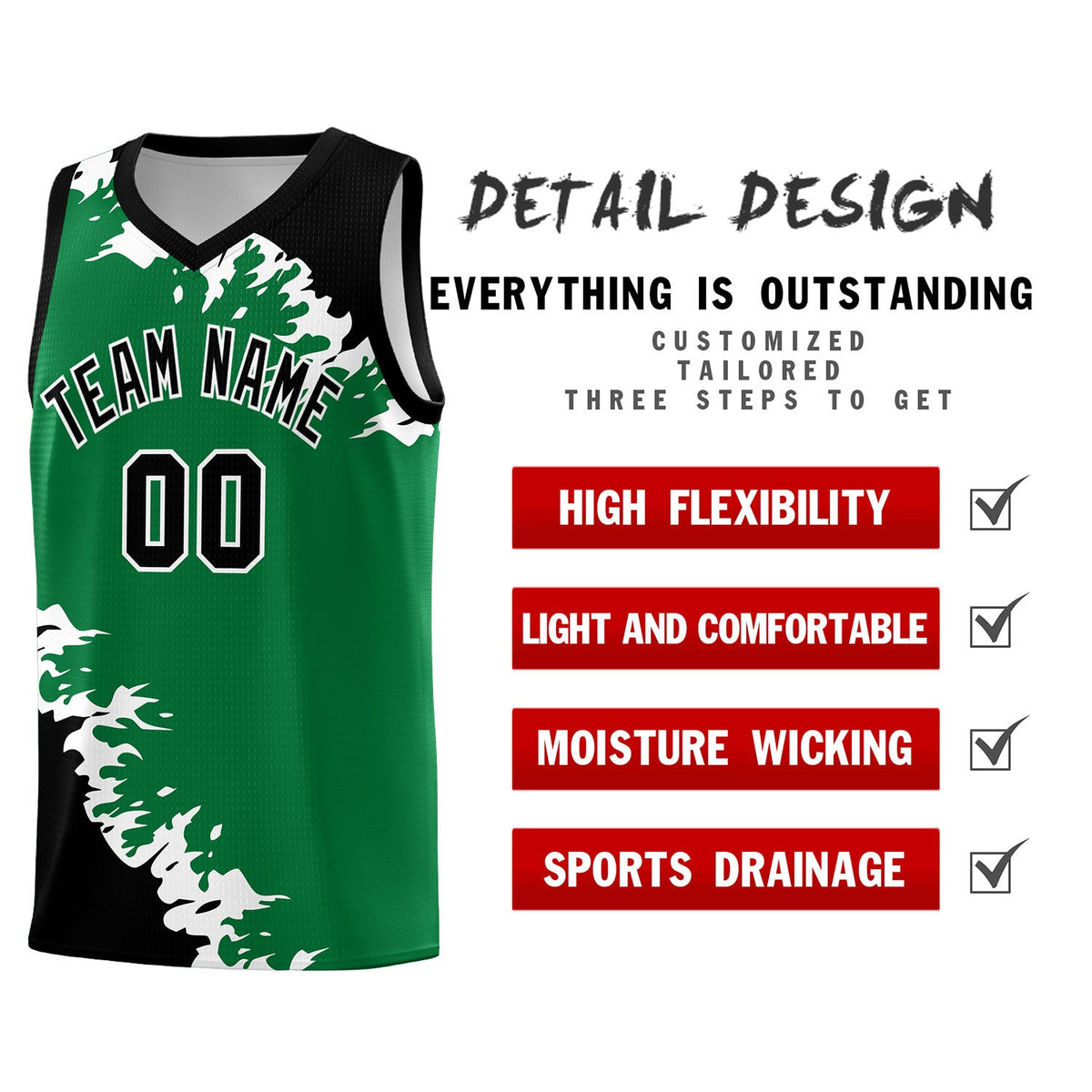Custom Kelly Green Black-White Sparkle Print Pattern Basketball Kits