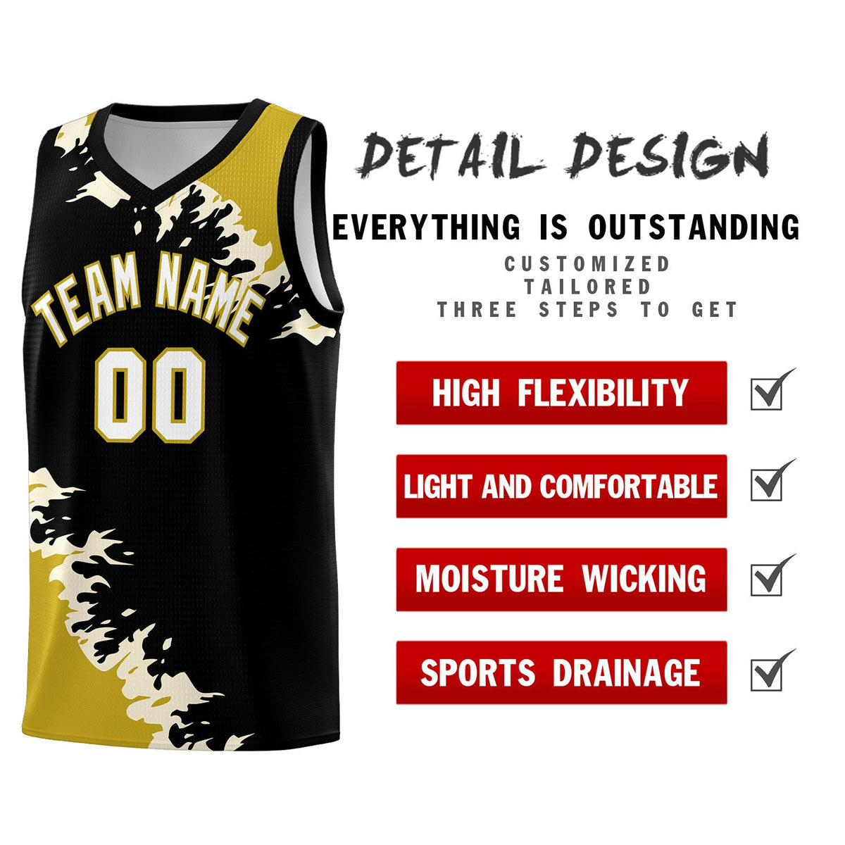 Custom Black Old Gold-Cream Sparkle Print Pattern Basketball Kits