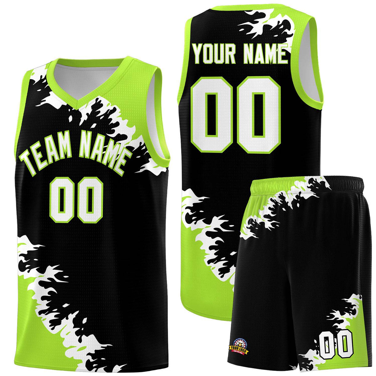 Custom Black Neon Green-White Sparkle Print Pattern Basketball Kits