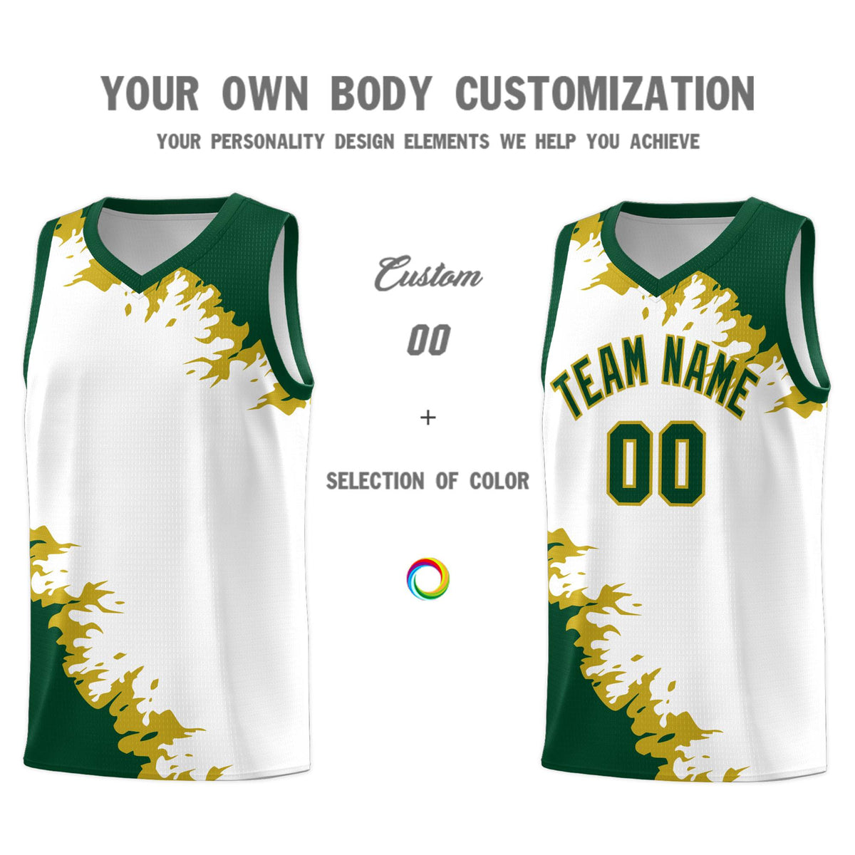 Custom White Green-Old Gold Sparkle Print Pattern Basketball Kits