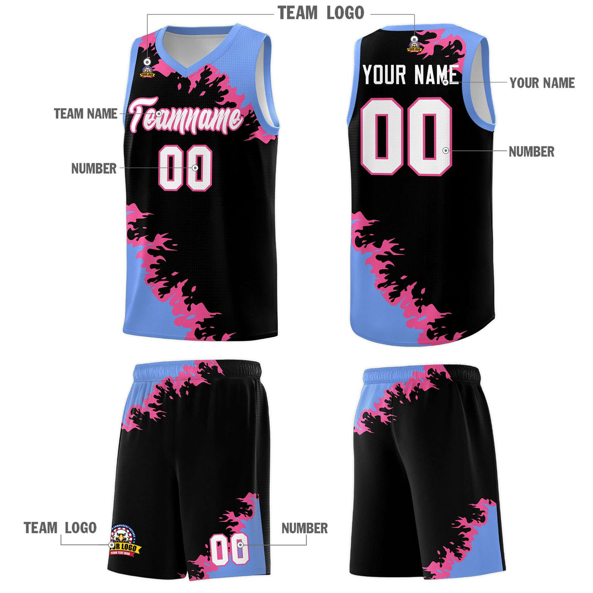 Custom Black Light Blue-Pink Sparkle Print Pattern Basketball Kits