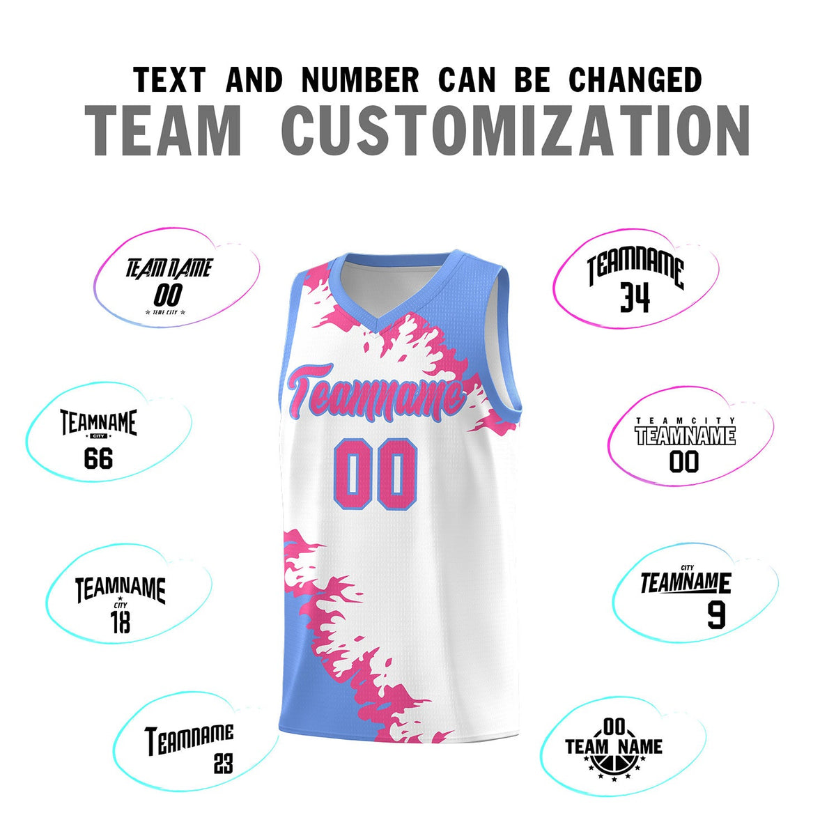 Custom White Light Blue-Pink Sparkle Print Pattern Basketball Kits