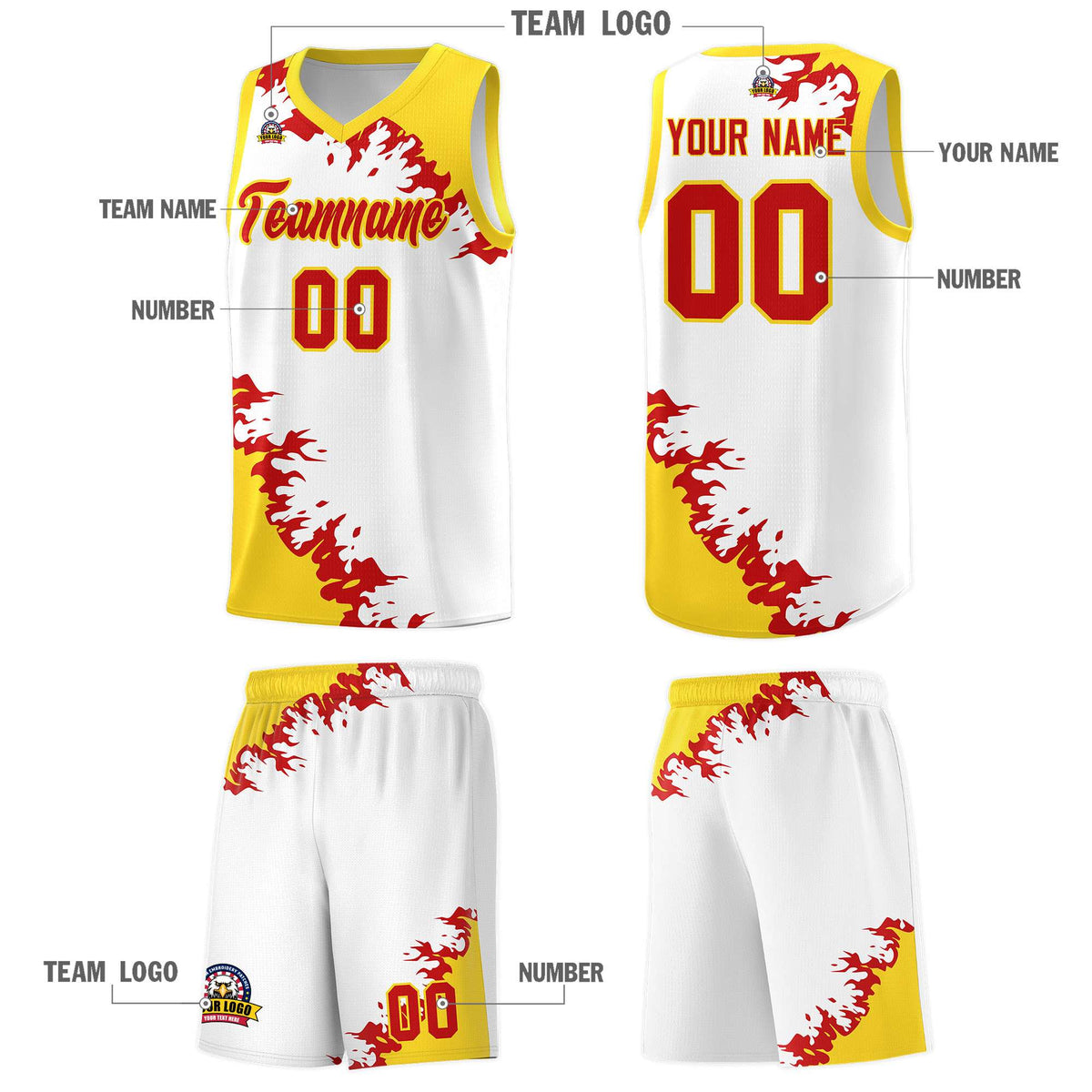 Custom White Gold-Red Sparkle Print Pattern Basketball Kits