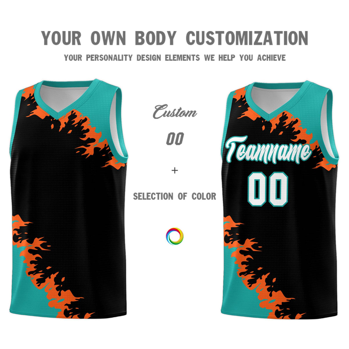 Custom Black Aqua-Orange Sparkle Print Pattern Basketball Kits