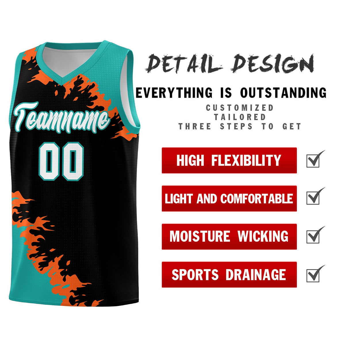 Custom Black Aqua-Orange Sparkle Print Pattern Basketball Kits
