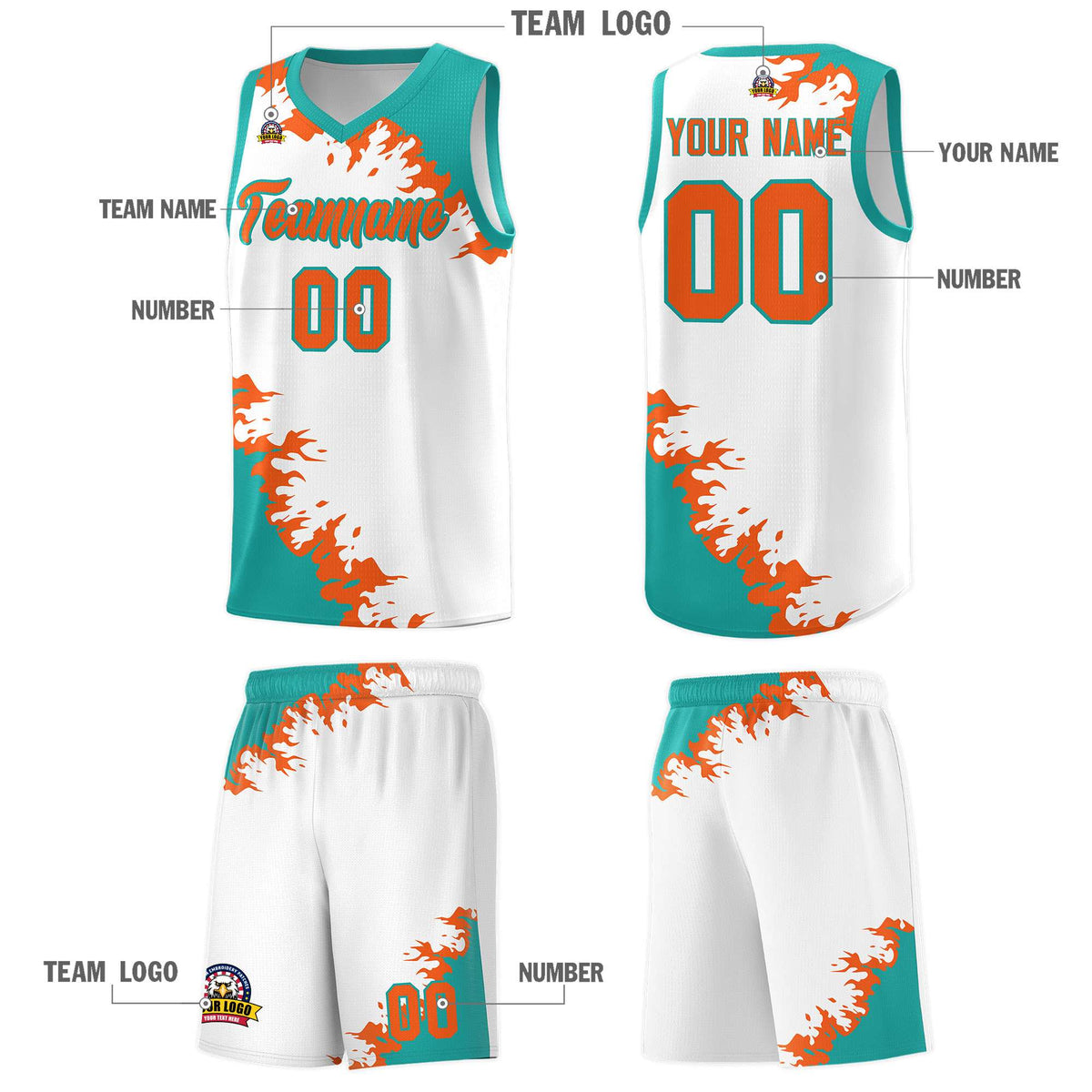 Custom White Aqua-Orange Sparkle Print Pattern Basketball Kits