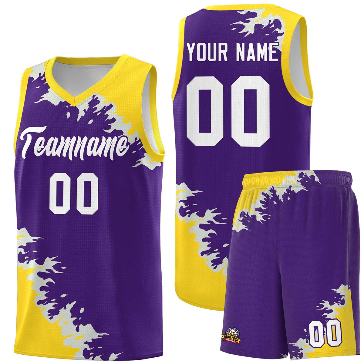 Custom Purple Gold-Gray Sparkle Print Pattern Basketball Kits