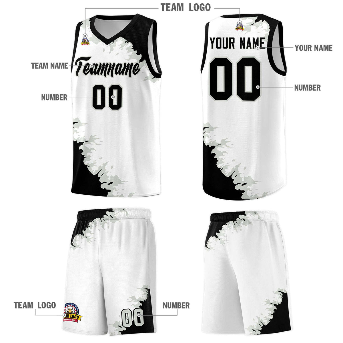 Custom White Black-Gray Sparkle Print Pattern Basketball Kits