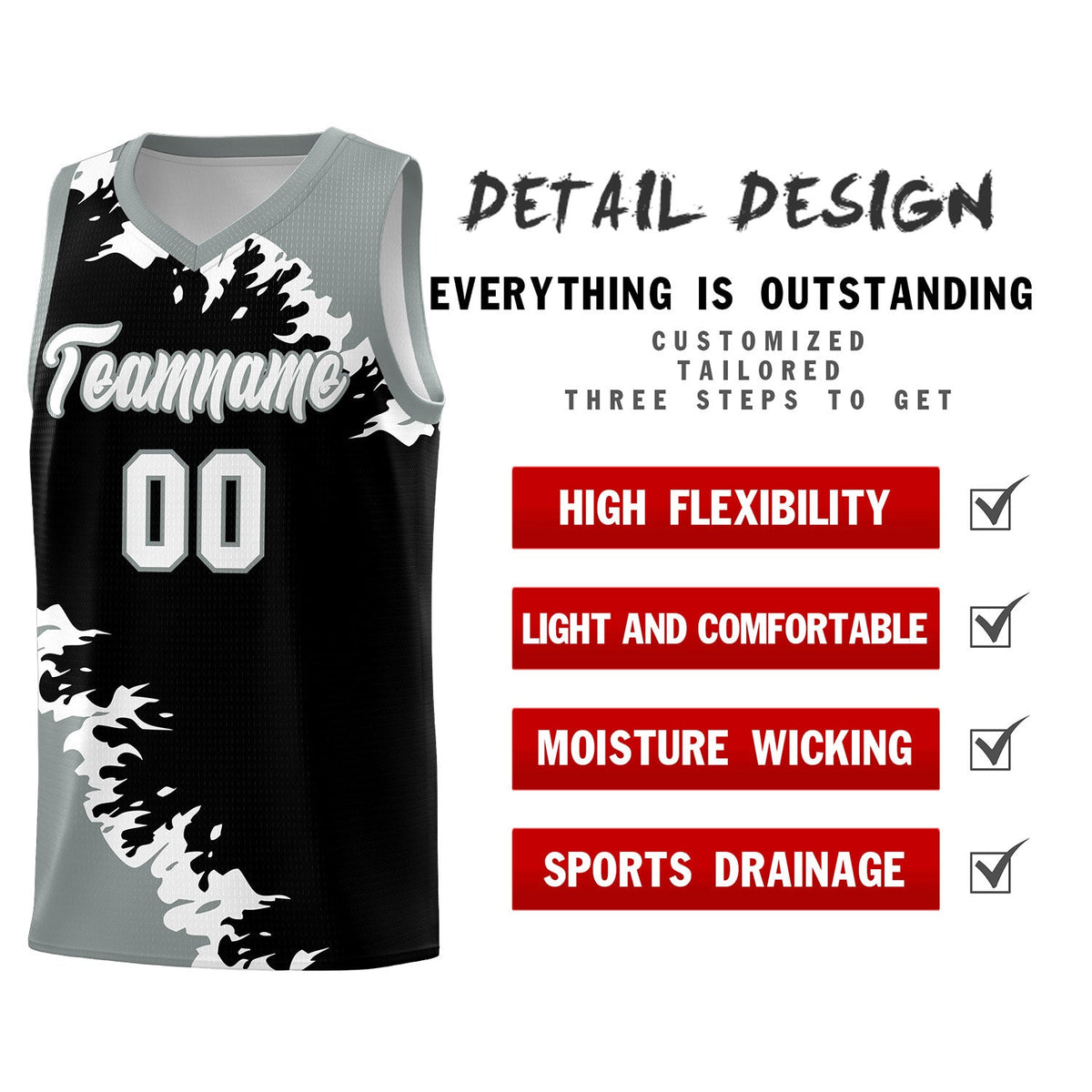 Custom Black Gray-White Sparkle Print Pattern Basketball Kits