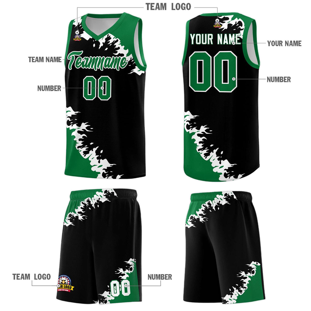 Custom Black Kelly Green-White Sparkle Print Pattern Basketball Kits