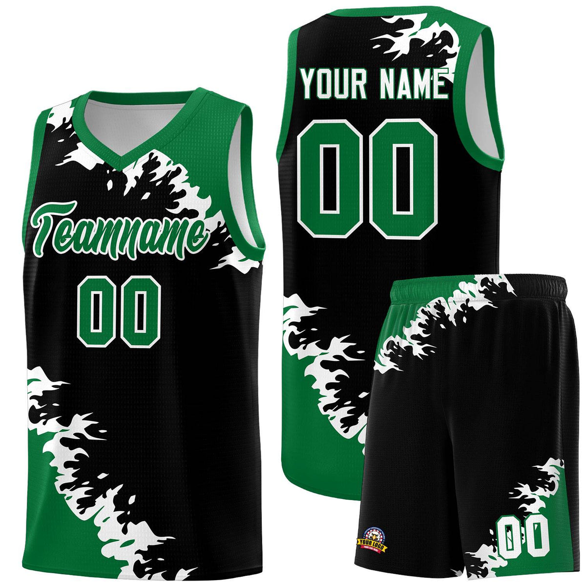 Custom Black Kelly Green-White Sparkle Print Pattern Basketball Kits