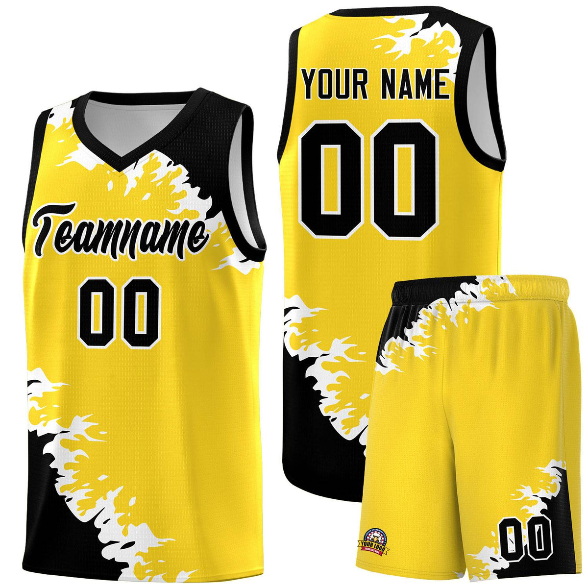 Custom Gold Black-White Sparkle Print Pattern Basketball Kits