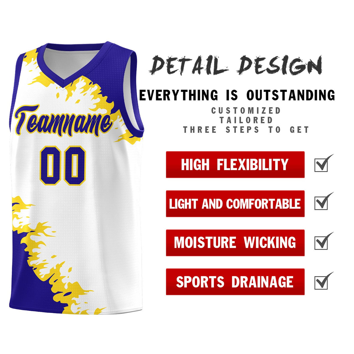 Custom White Royal-Gold Sparkle Print Pattern Basketball Kits