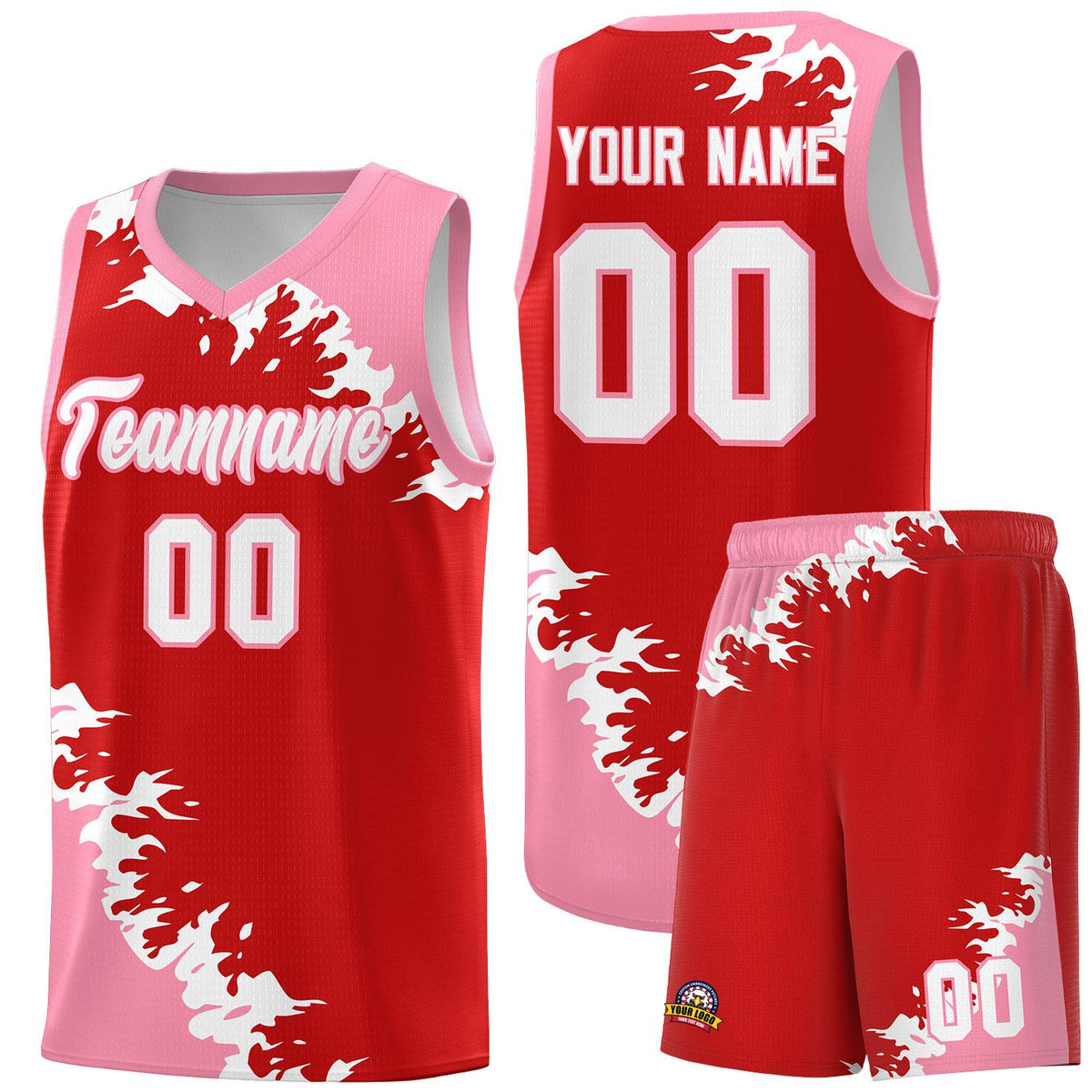 Custom Red Light Pink-White Sparkle Print Pattern Basketball Kits