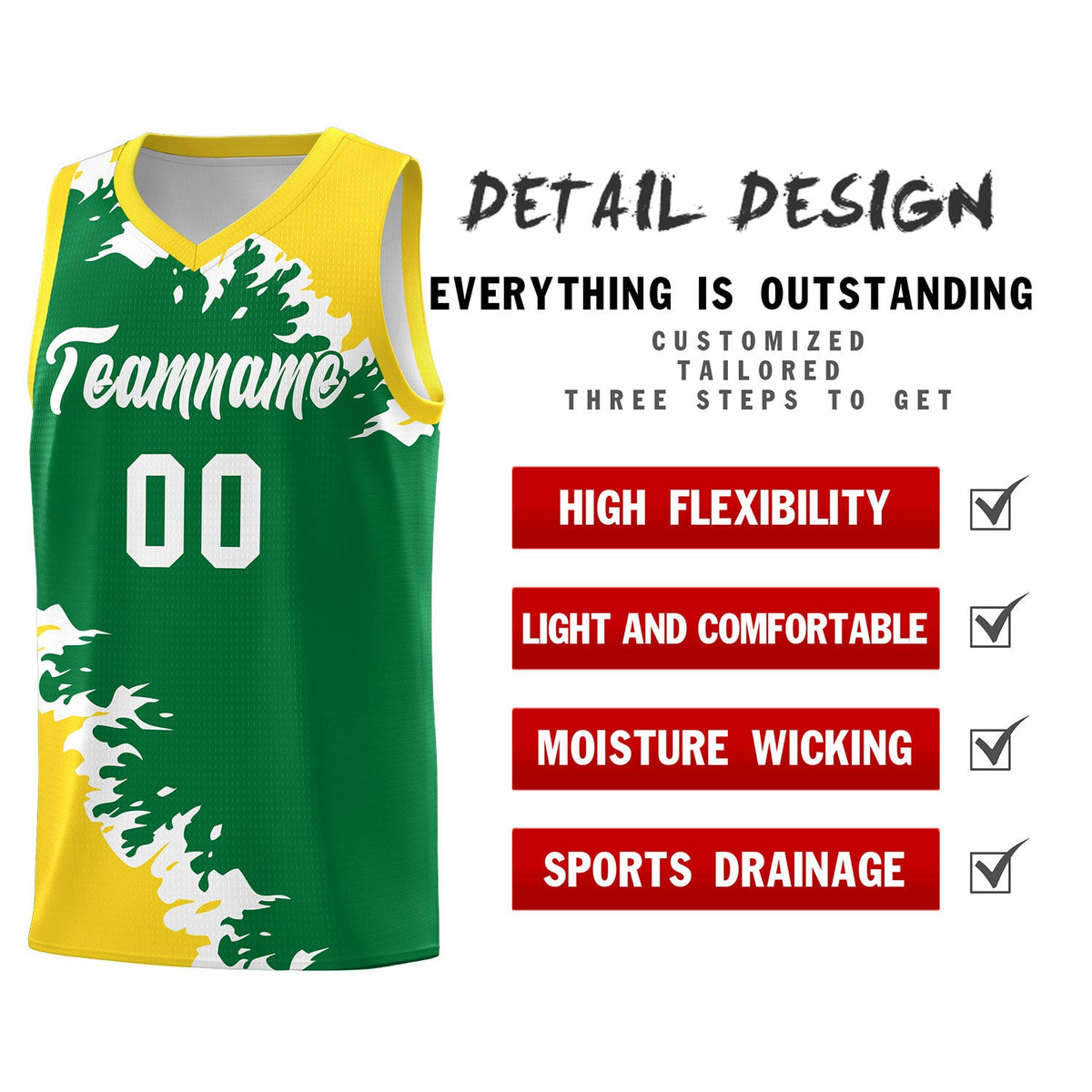 Custom Kelly Green Gold-White Sparkle Print Pattern Basketball Kits