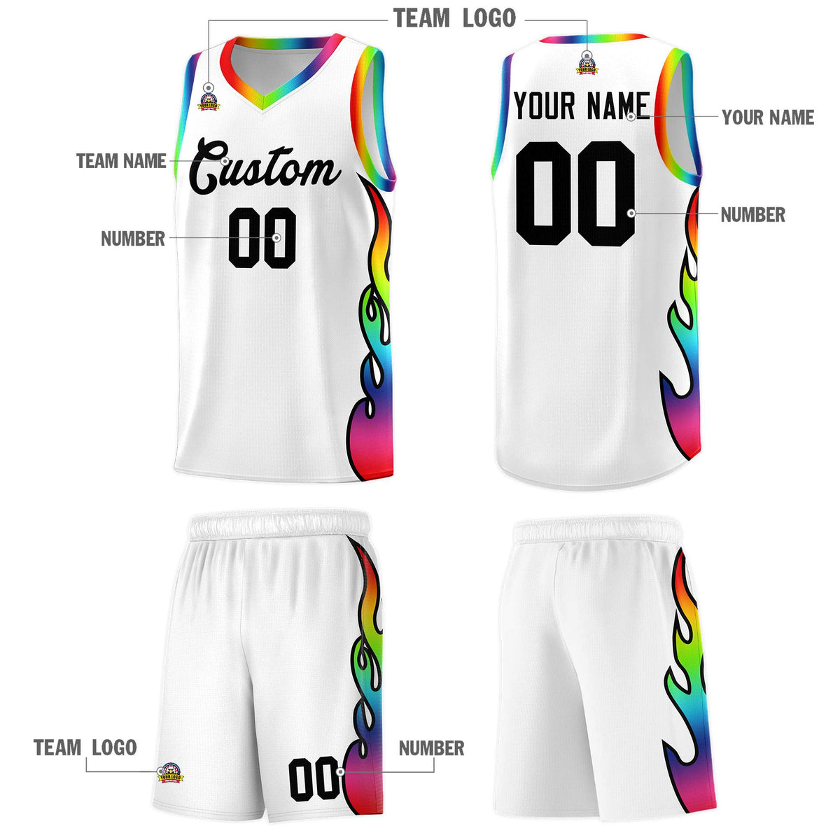 Custom White Side Flame Pattern Fashion Sports Uniform Basketball Jersey|KXKSHOP