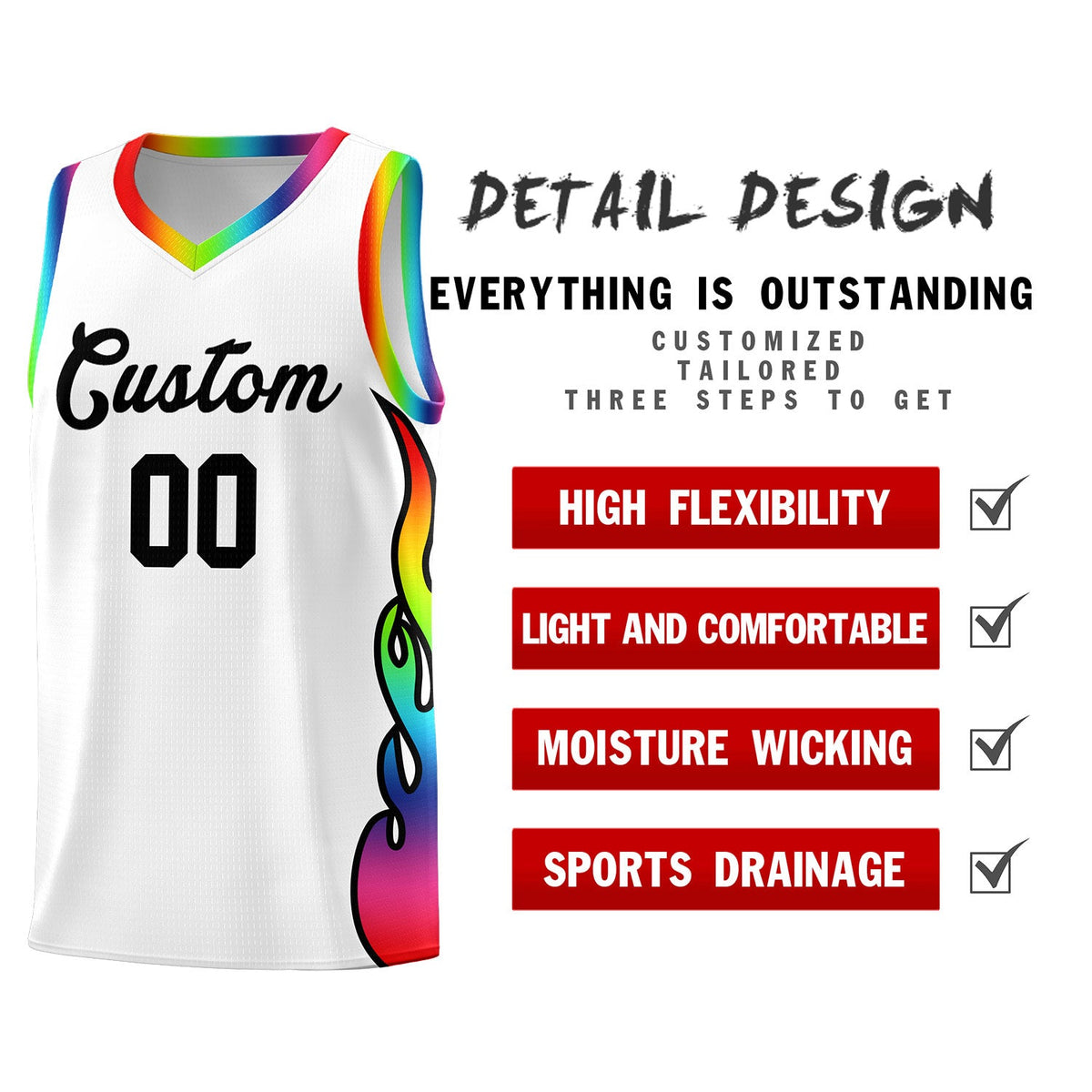 Custom White Side Flame Pattern Fashion Sports Uniform Basketball Jersey|KXKSHOP