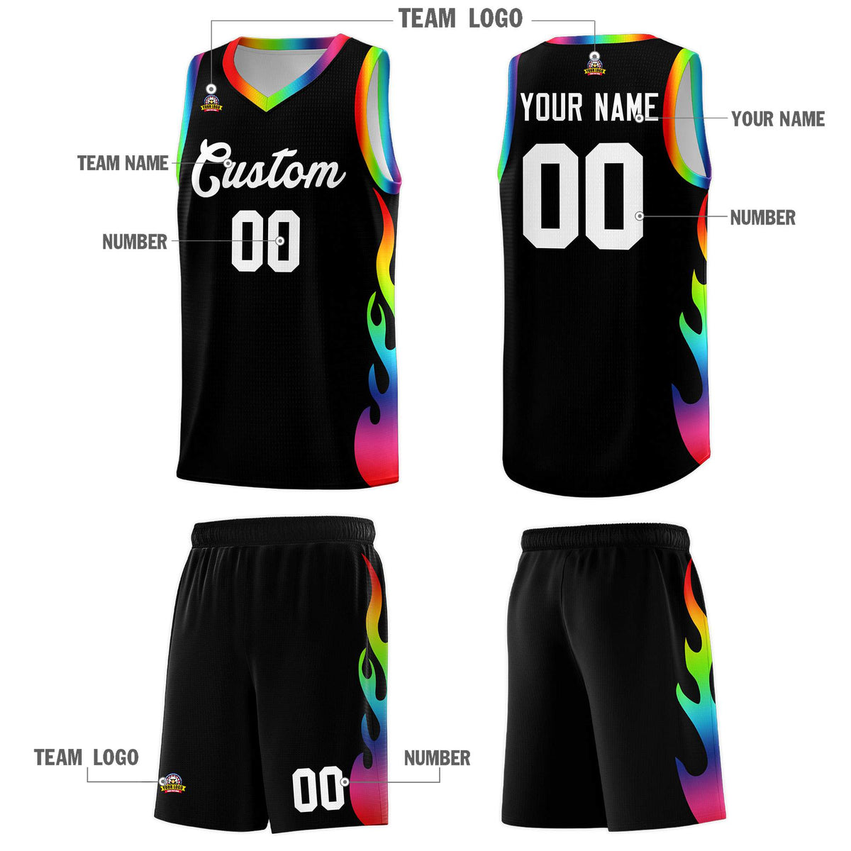 Custom Black Side Flame Pattern Fashion Sports Uniform Basketball Jersey|KXKSHOP