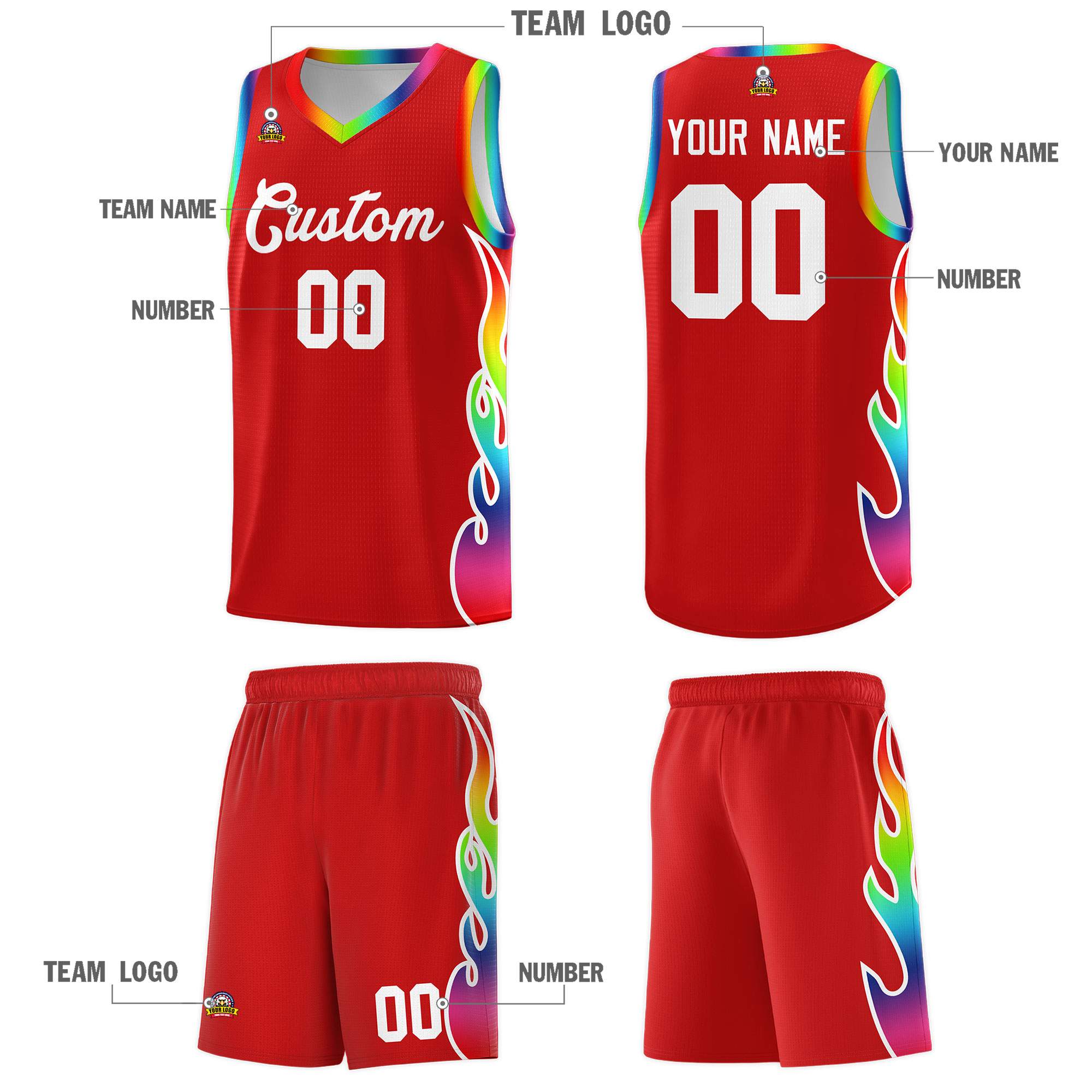 Custom Red Side Flame Pattern Fashion Sports Uniform Basketball Jersey|KXKSHOP