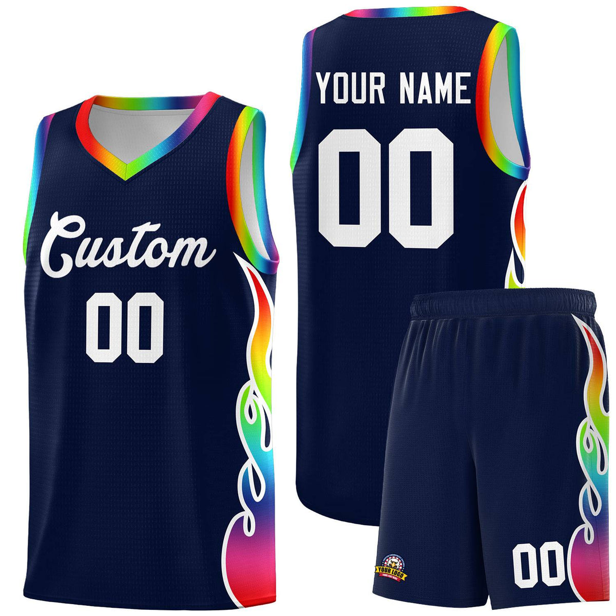 Custom Navy Side Flame Pattern Fashion Sports Uniform Basketball Jersey|KXKSHOP
