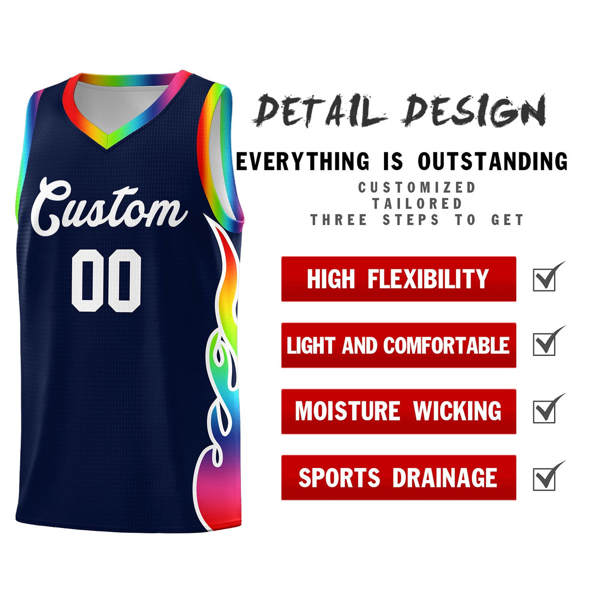 Custom Navy Side Flame Pattern Fashion Sports Uniform Basketball Jersey|KXKSHOP