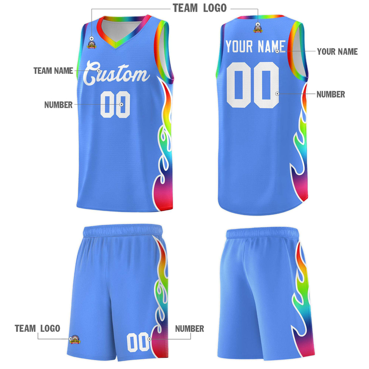 Custom Powder Blue Side Flame Pattern Fashion Sports Uniform Basketball Jersey|KXKSHOP
