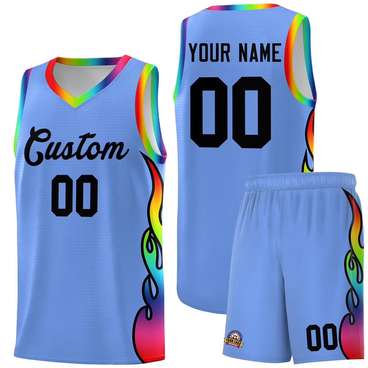 Custom Light Blue Side Flame Pattern Fashion Sports Uniform Basketball Jersey|KXKSHOP
