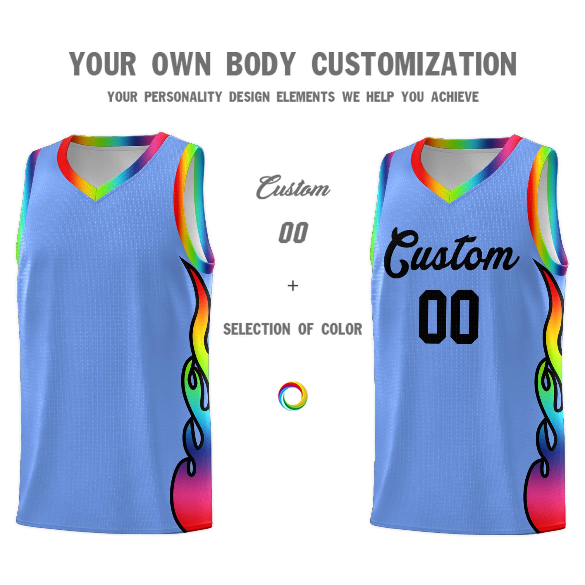 Custom Light Blue Side Flame Pattern Fashion Sports Uniform Basketball Jersey|KXKSHOP