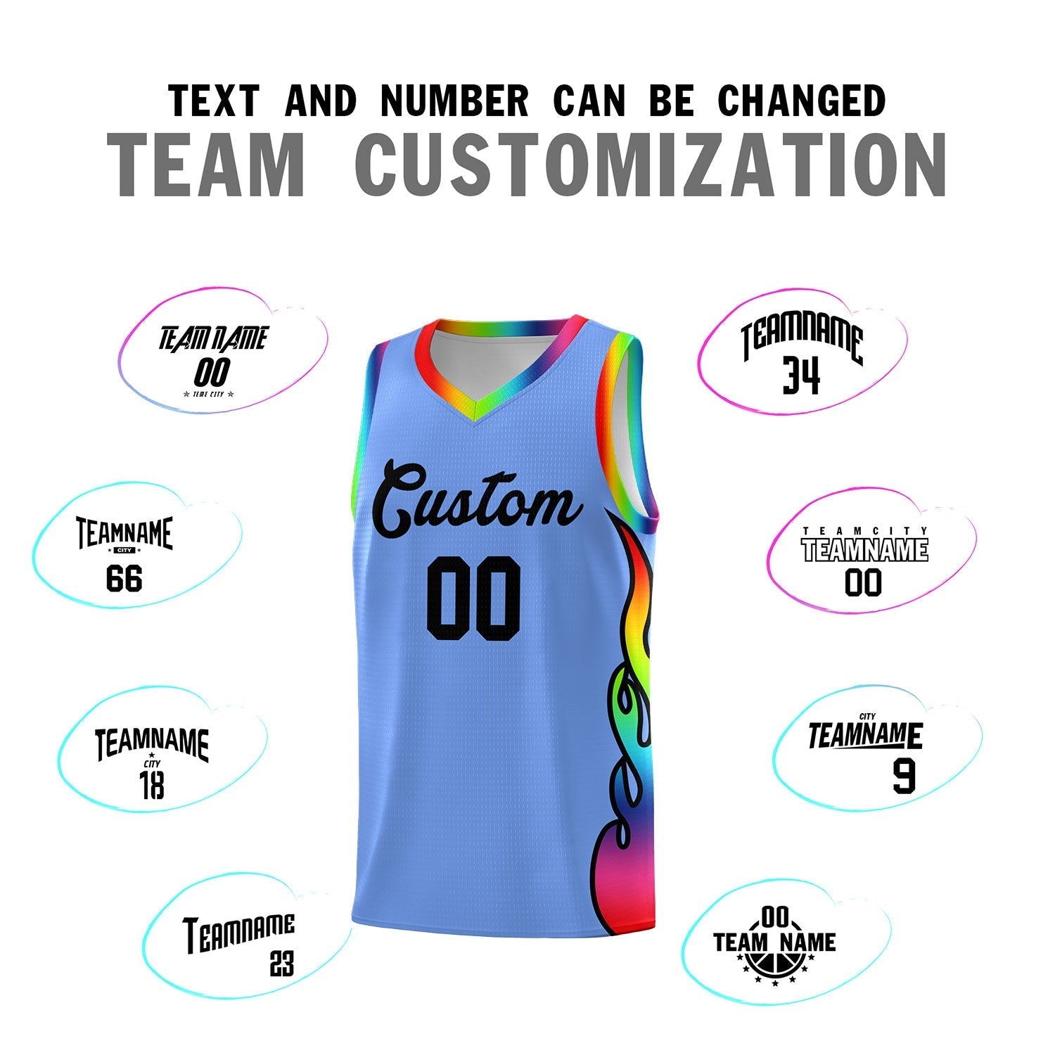 Custom Light Blue Side Flame Pattern Fashion Sports Uniform Basketball Jersey|KXKSHOP