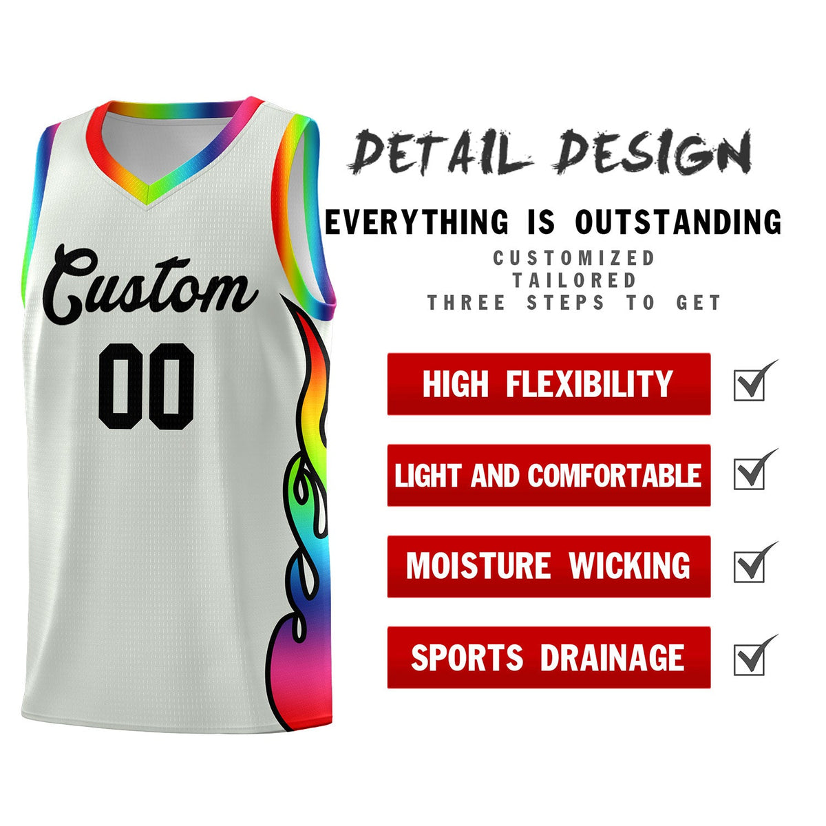 Custom Gray Side Flame Pattern Fashion Sports Uniform Basketball Jersey|KXKSHOP