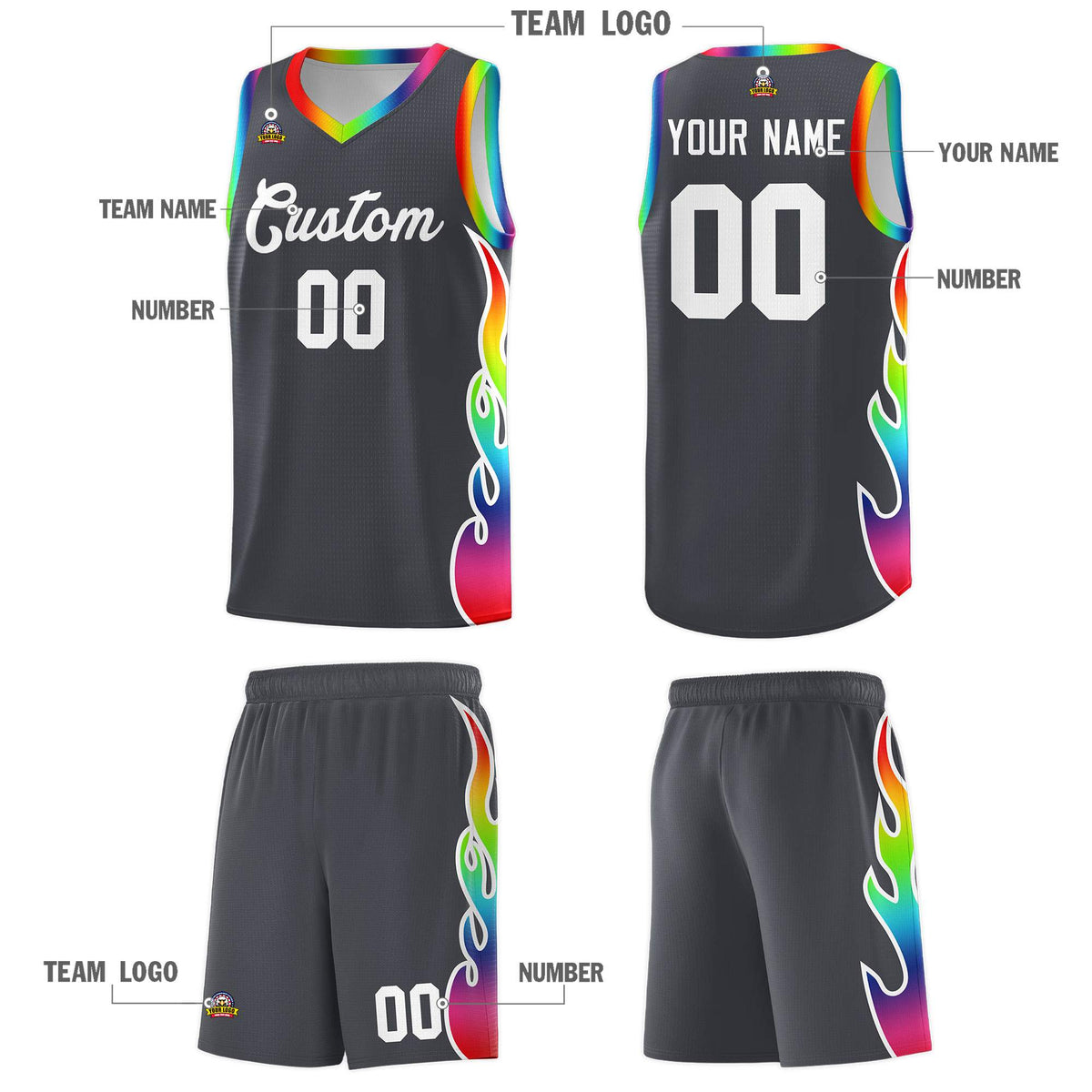 Custom Dark Gray Side Flame Pattern Fashion Sports Uniform Basketball Jersey|KXKSHOP