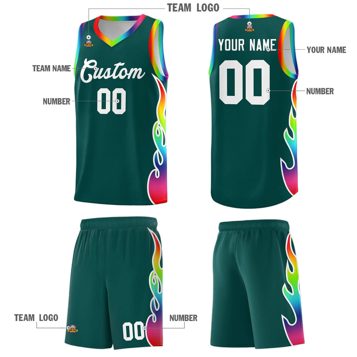 Custom Midnight Green Side Flame Pattern Fashion Sports Uniform Basketball Jersey|KXKSHOP