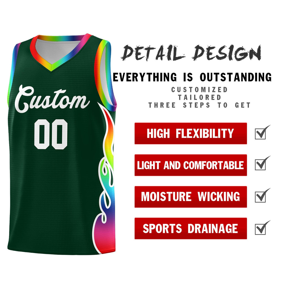 Custom Hunter Green Side Flame Pattern Fashion Sports Uniform Basketball Jersey|KXKSHOP
