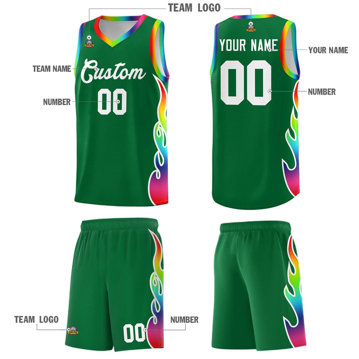 Custom Kelly Green Side Flame Pattern Fashion Sports Uniform Basketball Jersey|KXKSHOP