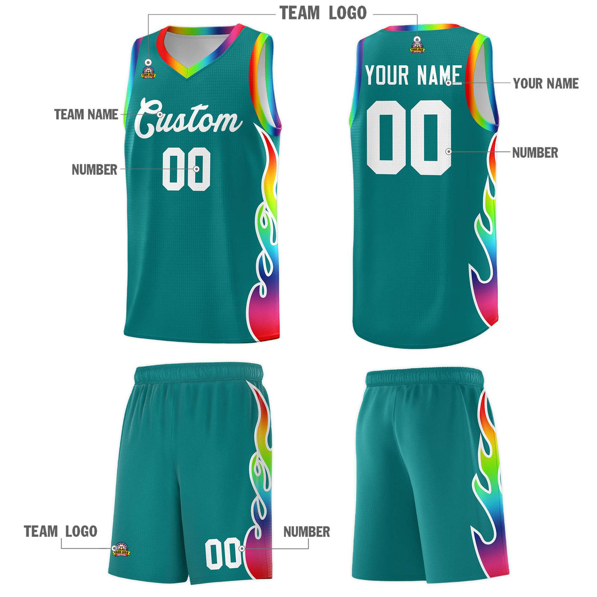 Custom Aqua Side Flame Pattern Fashion Sports Uniform Basketball Jersey|KXKSHOP