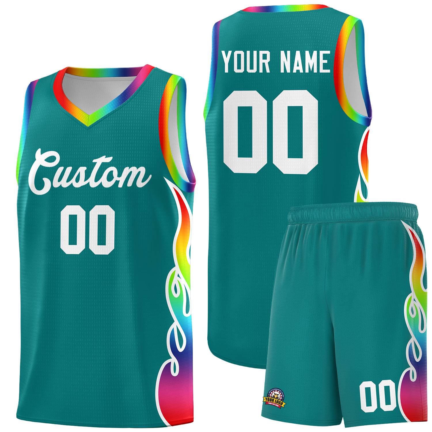 Custom Aqua Side Flame Pattern Fashion Sports Uniform Basketball Jersey|KXKSHOP
