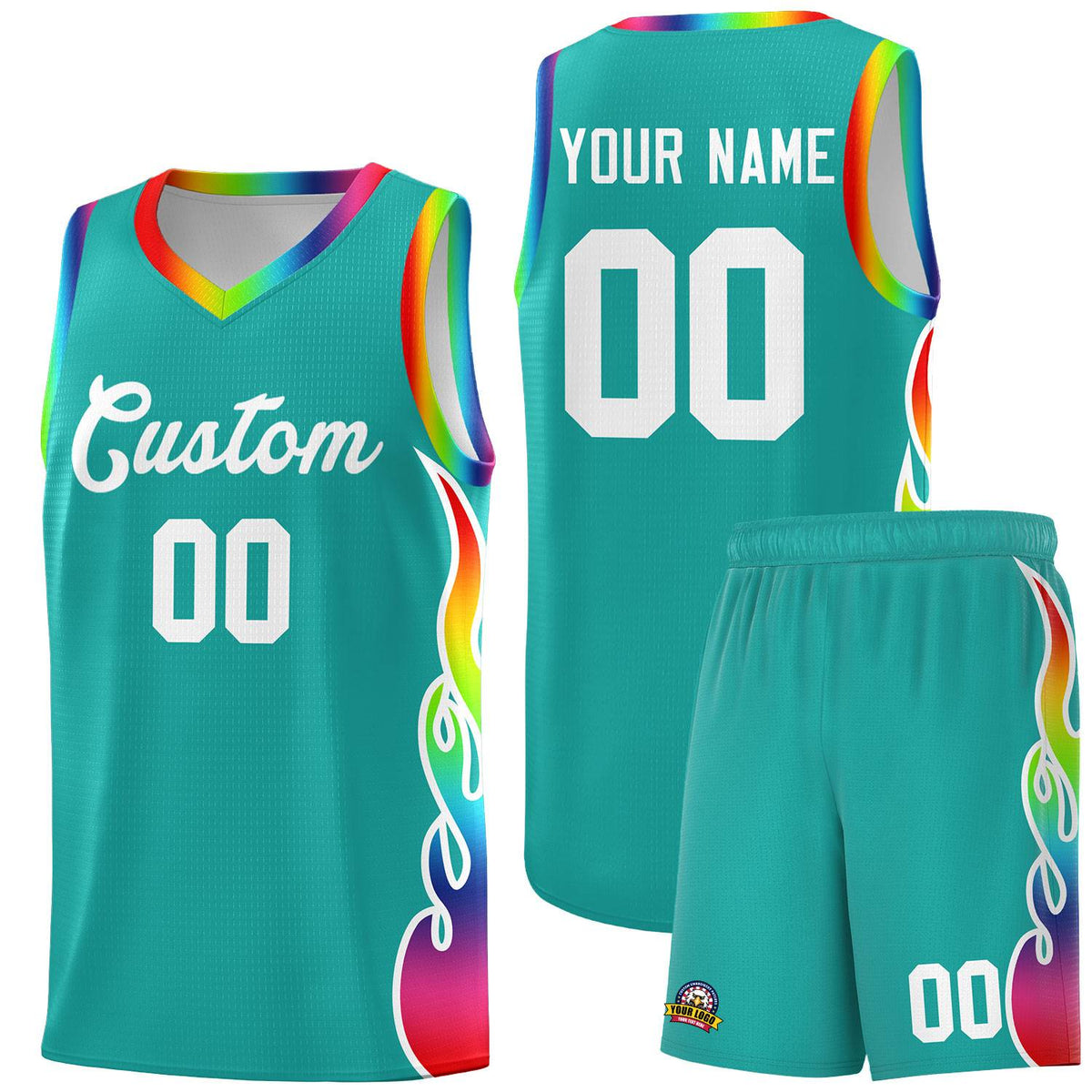 Custom Aqua Side Flame Pattern Fashion Sports Uniform Basketball Jersey|KXKSHOP