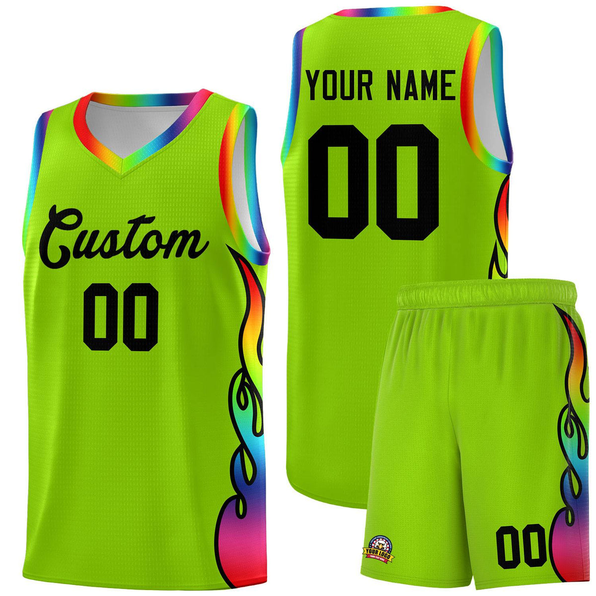 Custom Neon Green Side Flame Pattern Fashion Sports Uniform Basketball Jersey|KXKSHOP